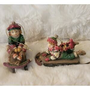 Vintage Resin Ornament Set “Child On Sled” Christmas Ornaments Boy/Girl